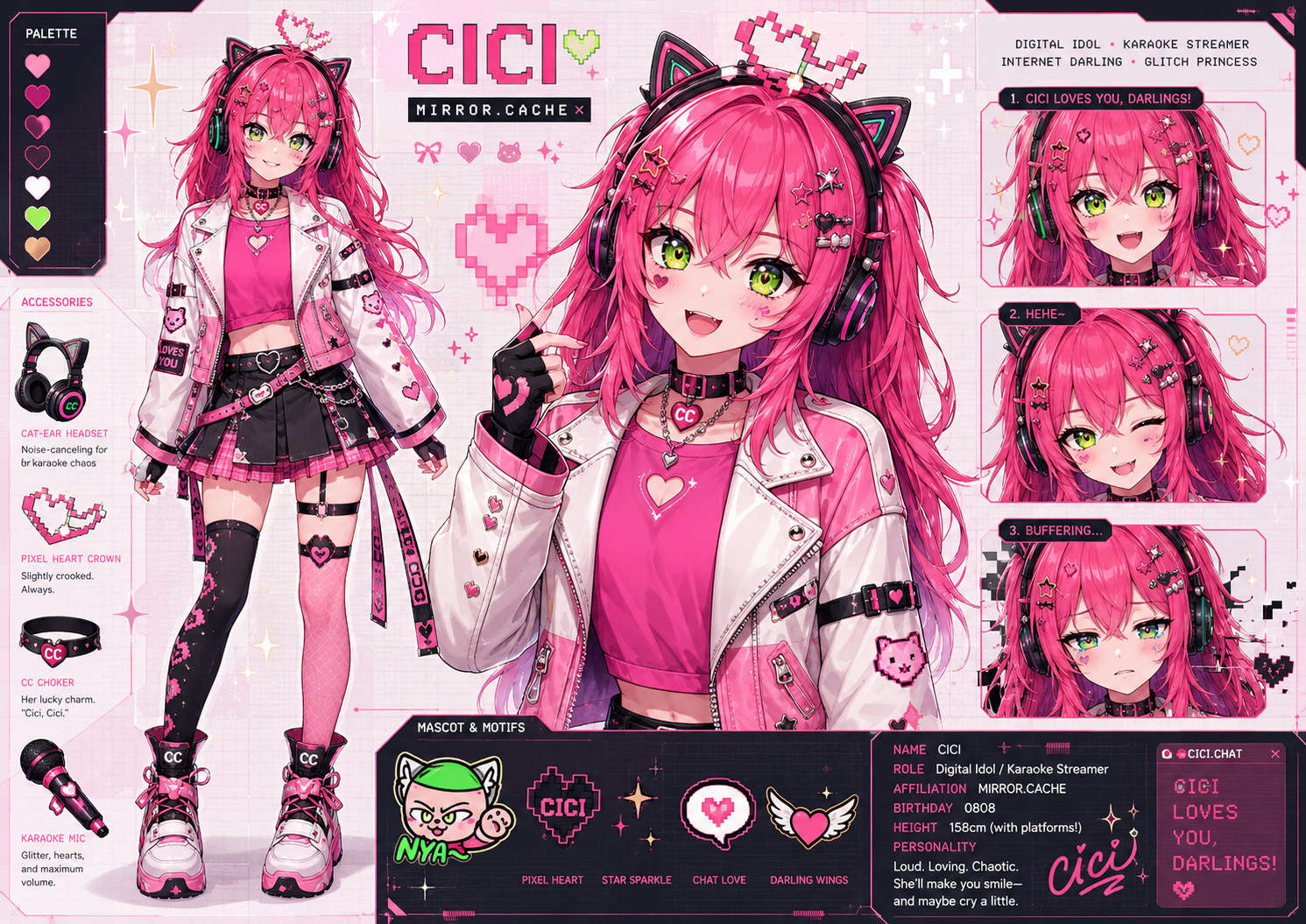 Cici V-tuber character sheet with palette, accessories, expressions, and profile details.